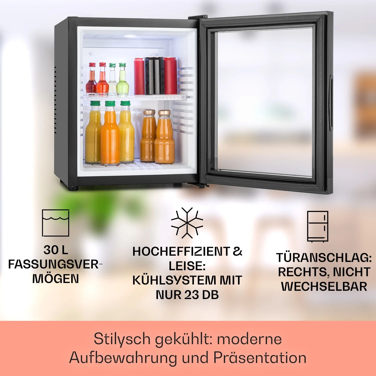 MKS-13 Minibar Mini-Kühlschrank 3 Temperaturen 30L 23 DB Glastür – Bild 2