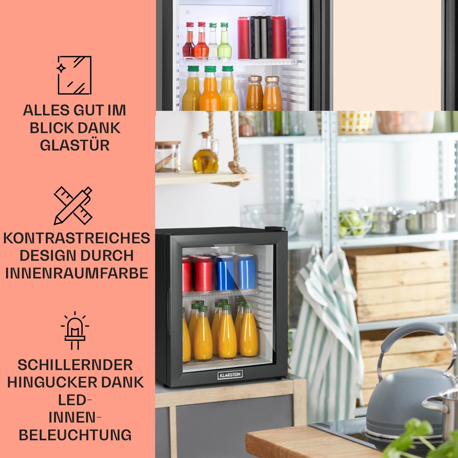 MKS-13 Minibar Mini-Kühlschrank 3 Temperaturen 30L 23 DB Glastür – Bild 3