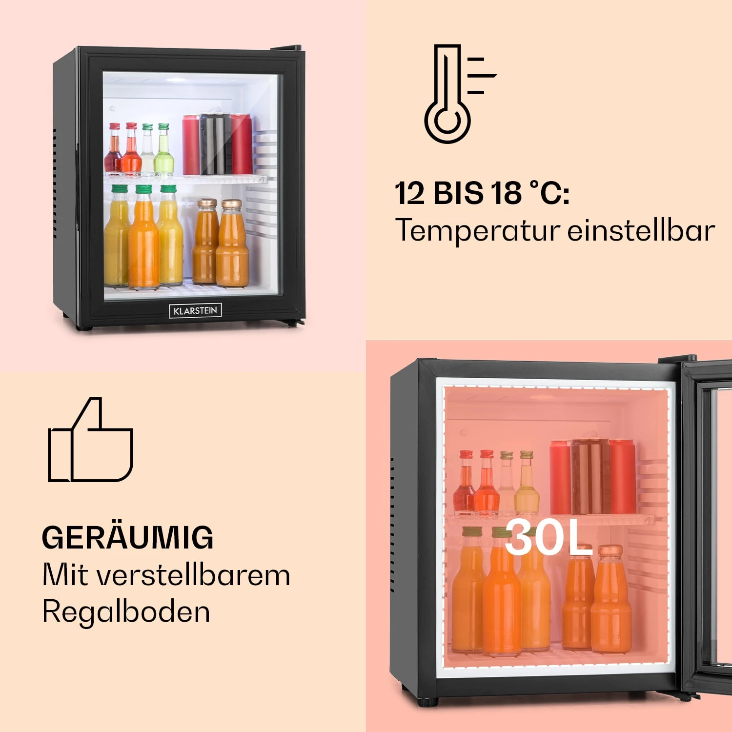 MKS-13 Minibar Mini-Kühlschrank 3 Temperaturen 30L 23 DB Glastür – Bild 4