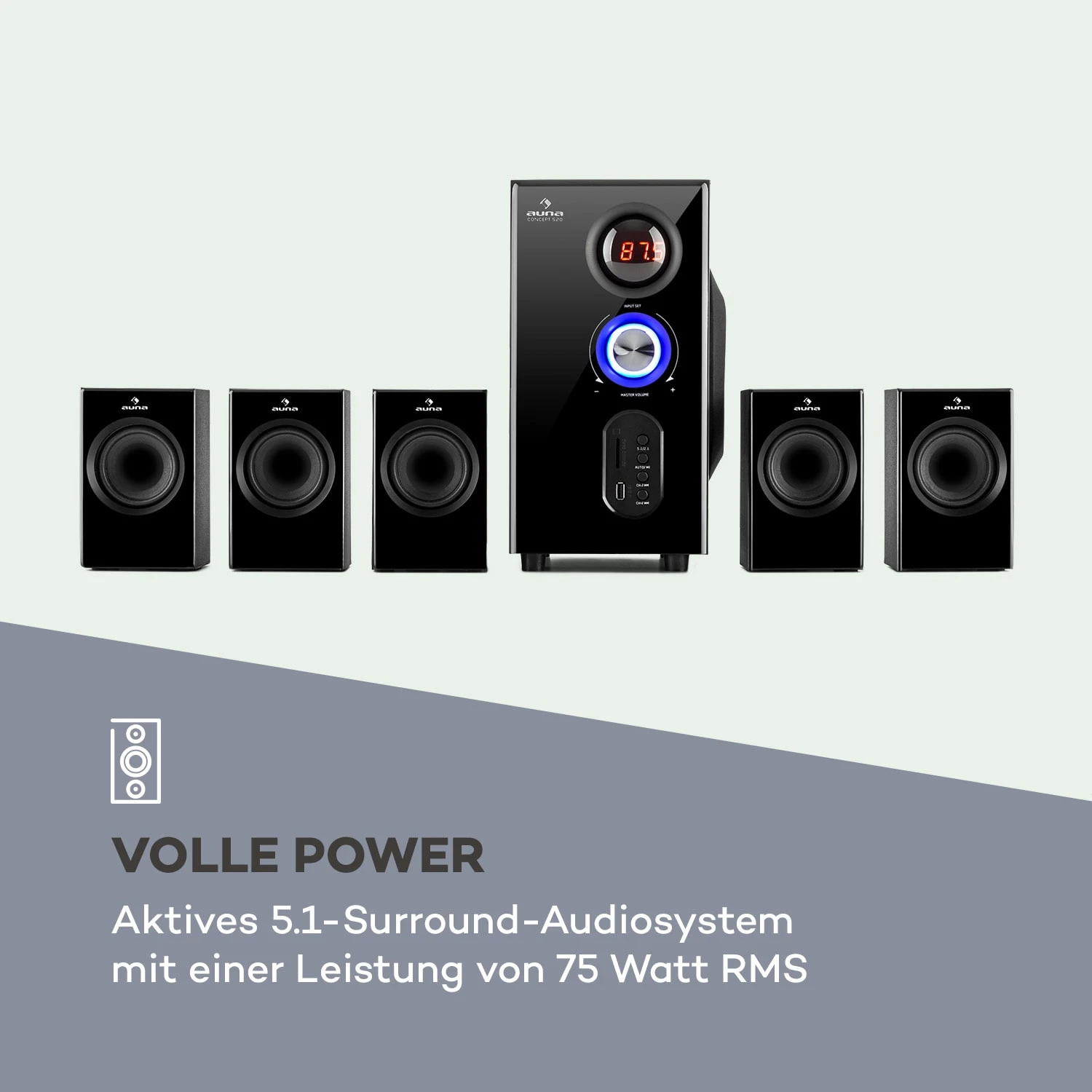Concept 520 5.1 Lautsprechersystem 75W RMS OneSide Subwoofer BT USB SD – Bild 3
