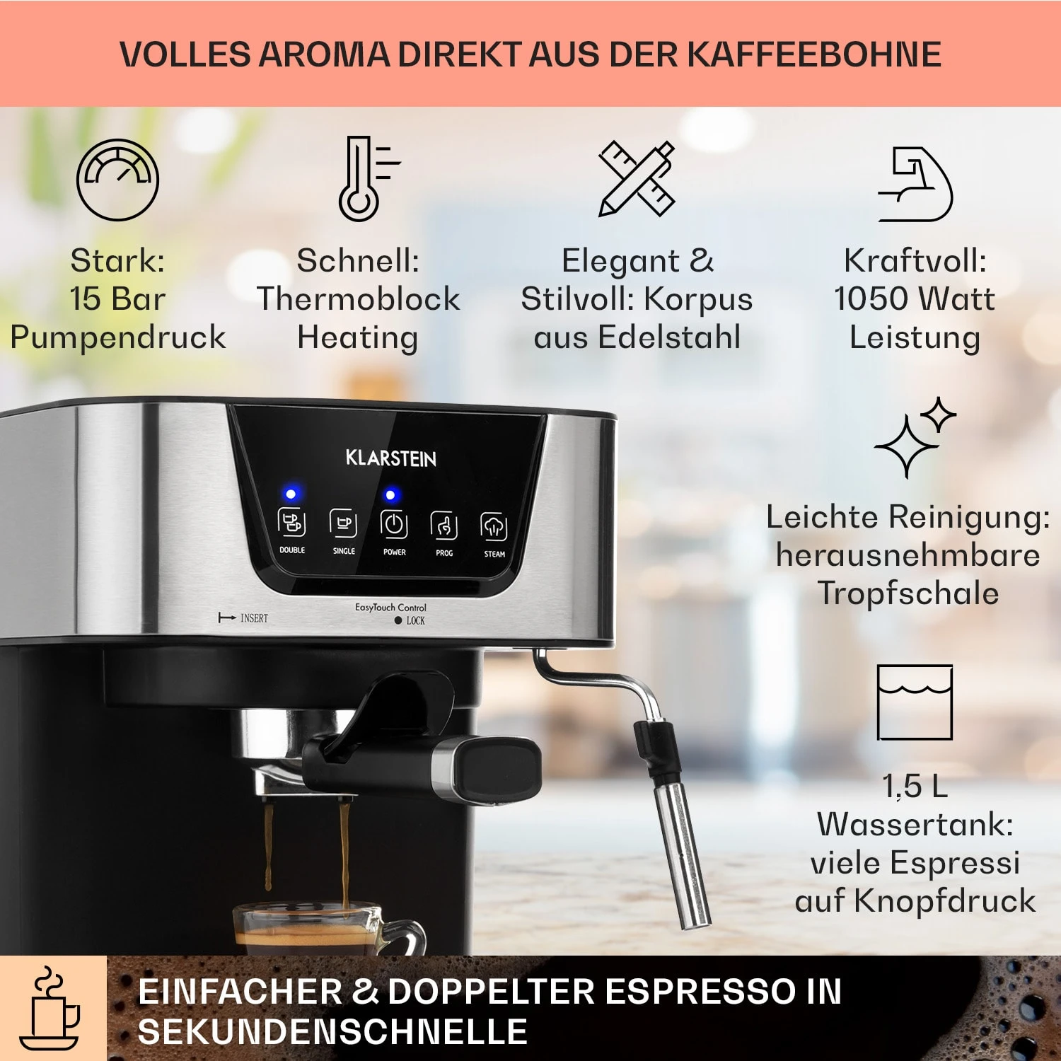 Arabica Espressomaschine 1050W 15 Bar 1,5l Touch-Bedienfeld Edelstahl – Bild 2