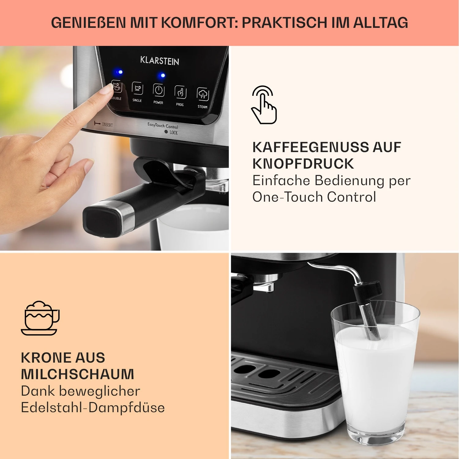 Arabica Espressomaschine 1050W 15 Bar 1,5l Touch-Bedienfeld Edelstahl – Bild 3