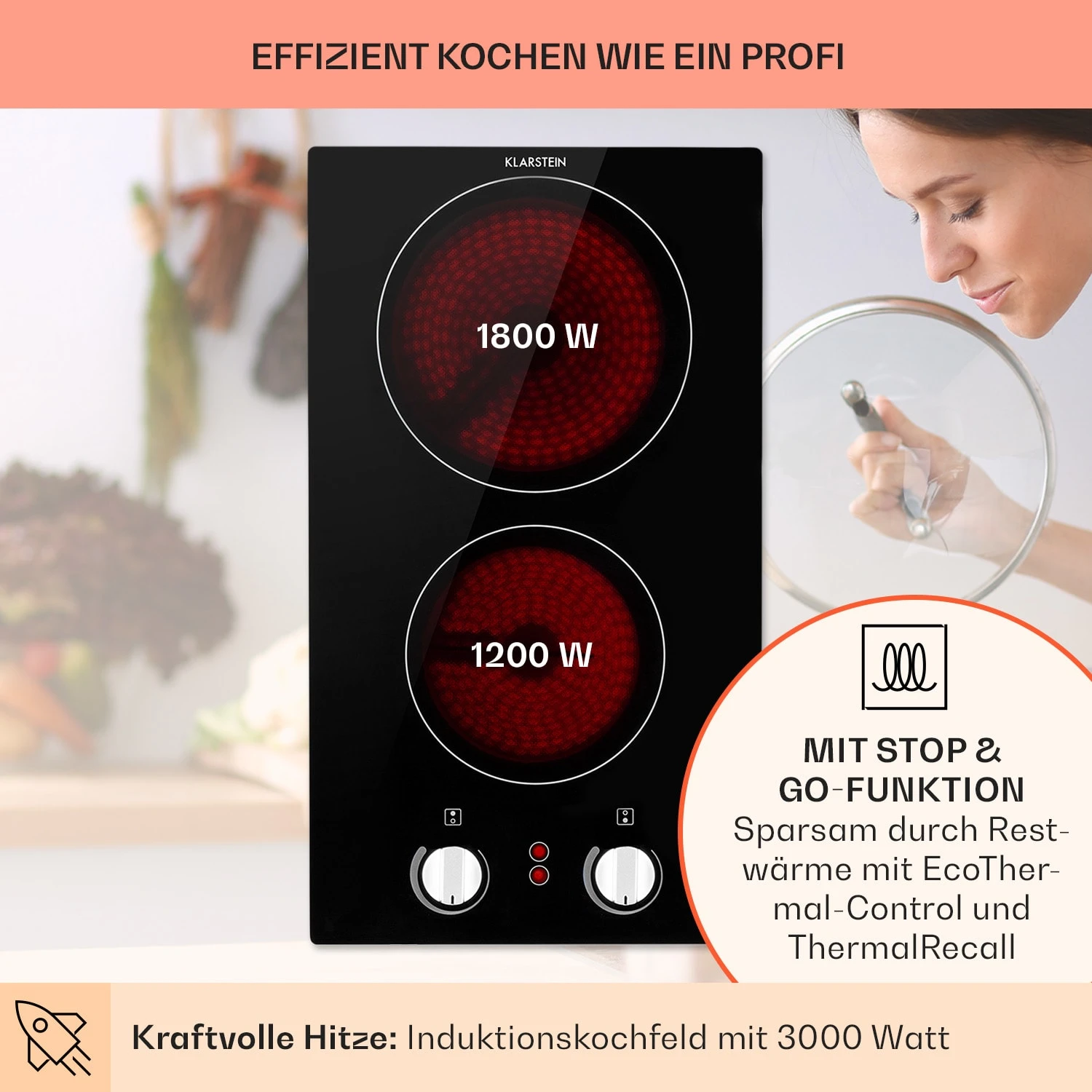 EasyCook Domino Keramikkochfeld 3000W Drehregler Schwarz – Bild 3