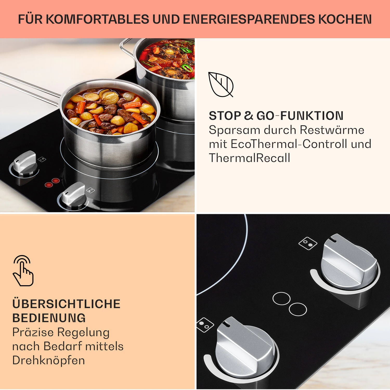 EasyCook Domino Keramikkochfeld 3000W Drehregler Schwarz – Bild 4