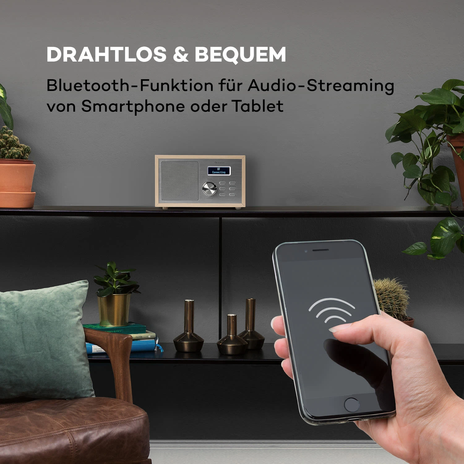 Ambient DAB+/FM Radio BT 5.0 AUX-In LCD Wecker Eieruhr Holzoptik – Bild 3