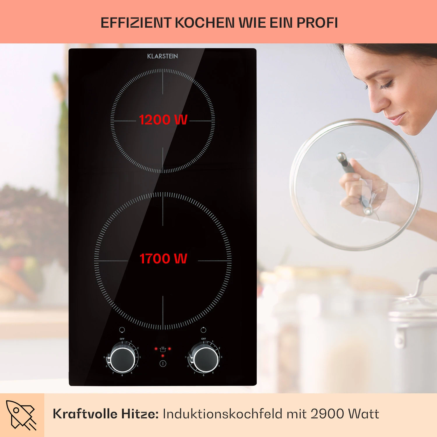 Kochheld Doppel-Induktionskochfeld 2900W Dreh-Regler Glas Schwarz – Bild 3