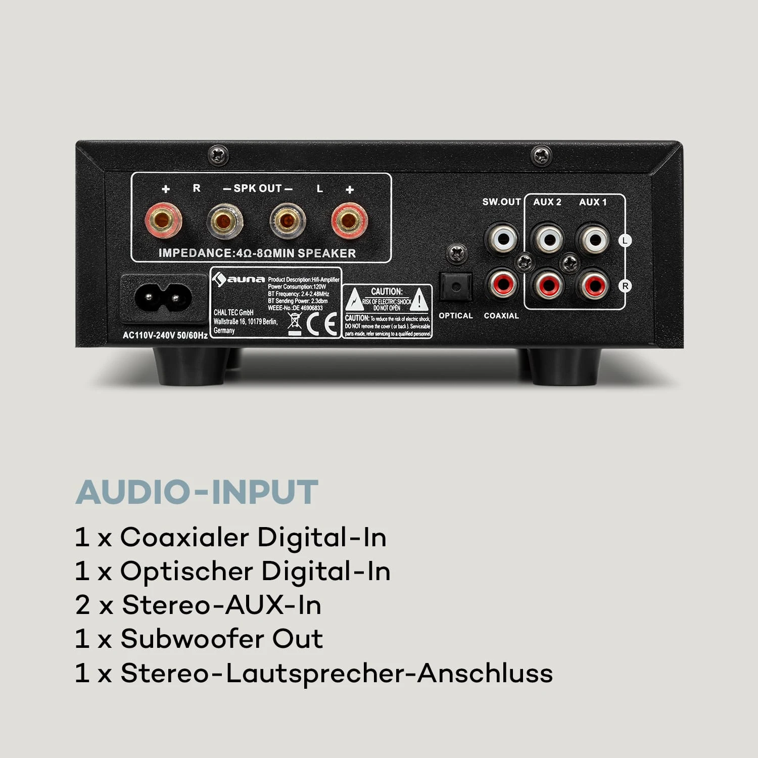 AMP-2 DG Stereo-Hifi-Verstärker 2x50W RMS BT/USB Opt. & Coax. Dig-In – Bild 6
