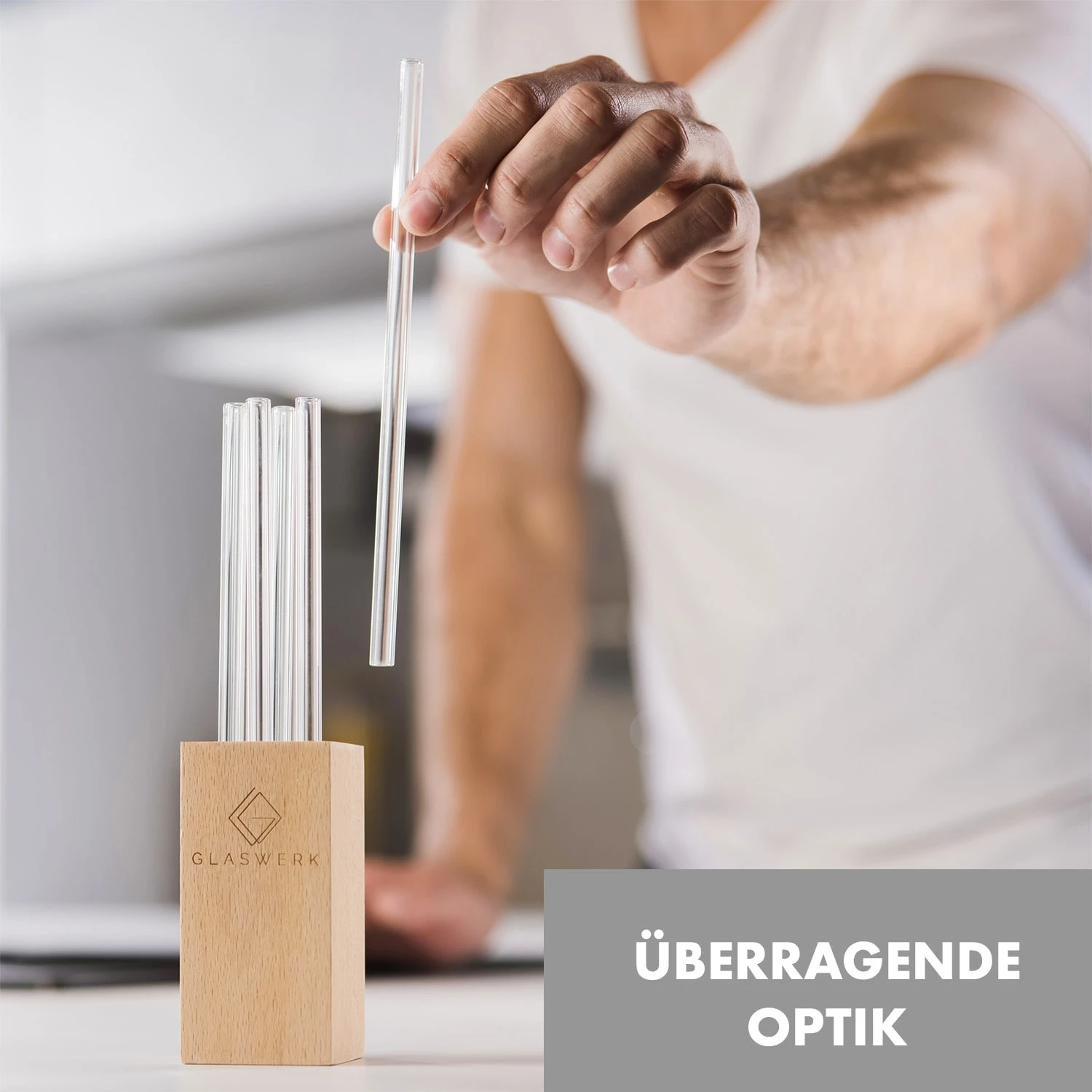 Glaswerk Salizzada Glasstrohhalme 7 Stück 0,8 X 20 Cm (ØxH) Holzhalterung Bürste – Bild 2