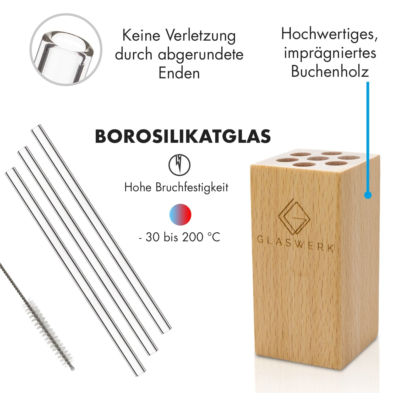 Glaswerk Salizzada Glasstrohhalme 7 Stück 0,8 X 20 Cm (ØxH) Holzhalterung Bürste – Bild 5
