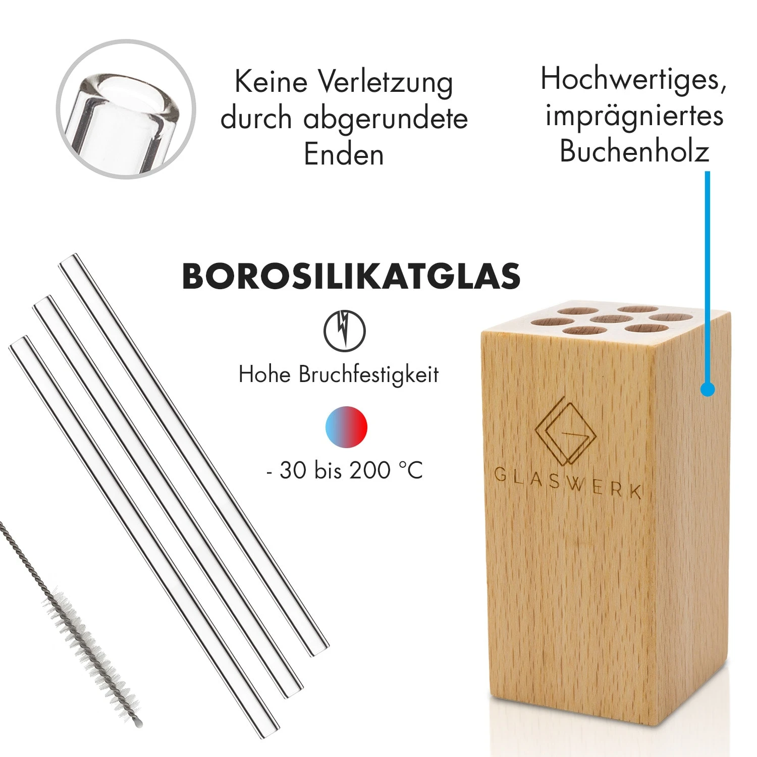 Glaswerk Frezzeria Glasstrohhalme 7 Stück 0,8 X 15 Cm (ØxH) Holzhalterung Bürste – Bild 5