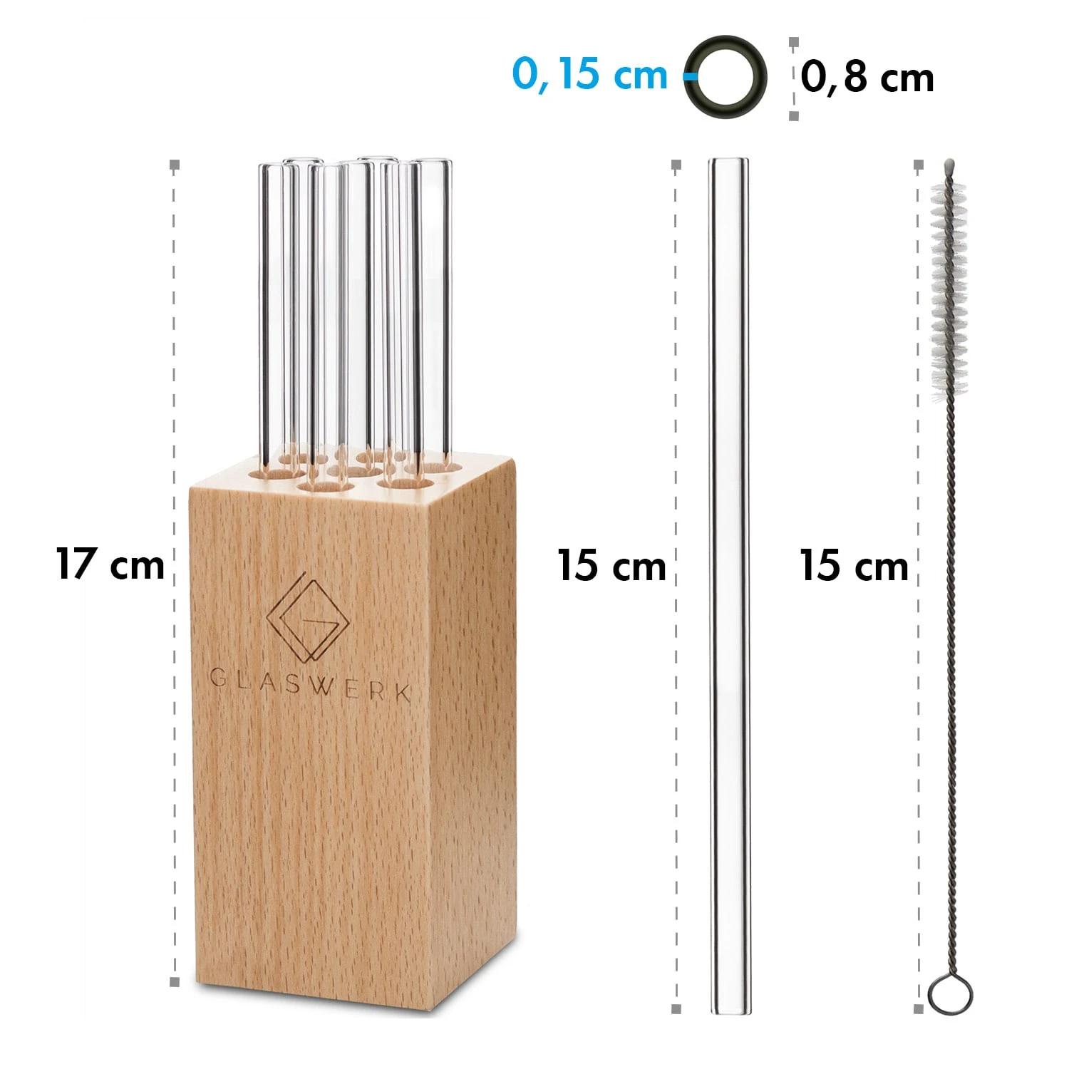 Glaswerk Frezzeria Glasstrohhalme 7 Stück 0,8 X 15 Cm (ØxH) Holzhalterung Bürste – Bild 6