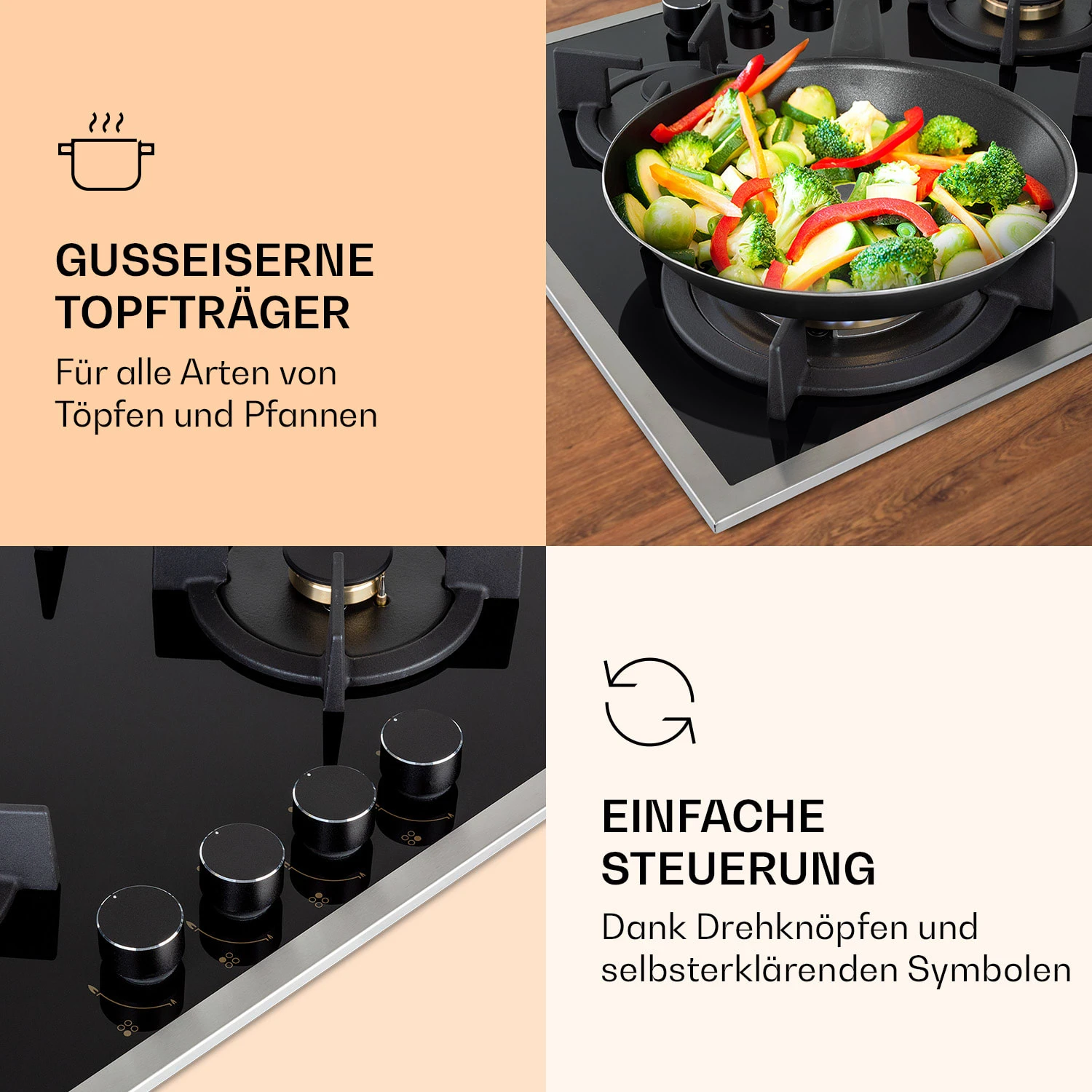 Goldflame Domino 4 Prime Gaskochfeld 4-flammig Messing-Brenner Glaskeramik – Bild 3