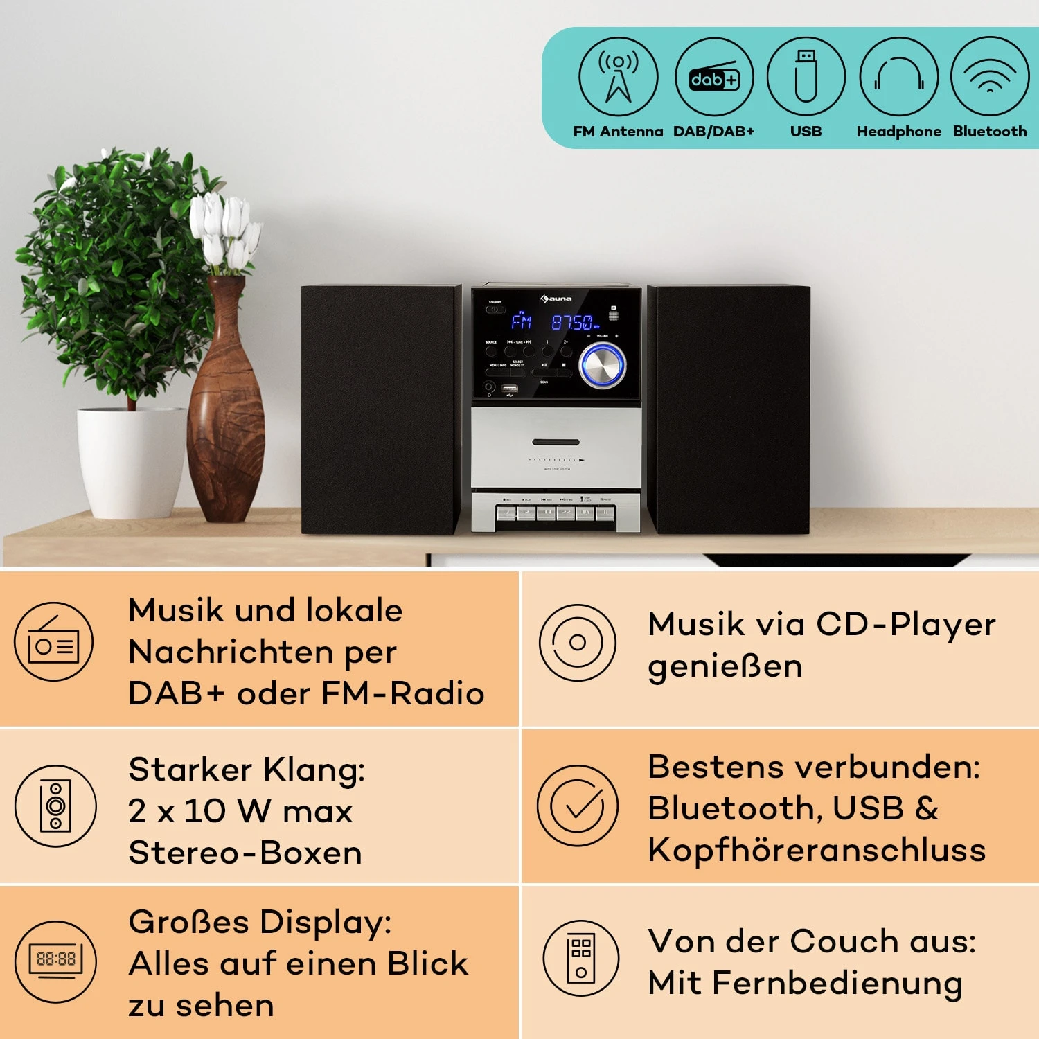 MC-40 DAB Stereoanlage UKW/DAB+ Bluetooth CD Kassette USB Fernbedienung – Bild 2