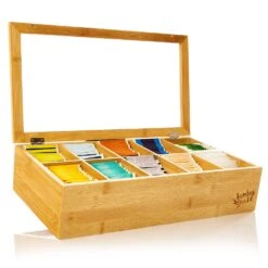 Teebox 10 Fächer 150 Teebeutel Kunststoff-Sichtfenster Bambus