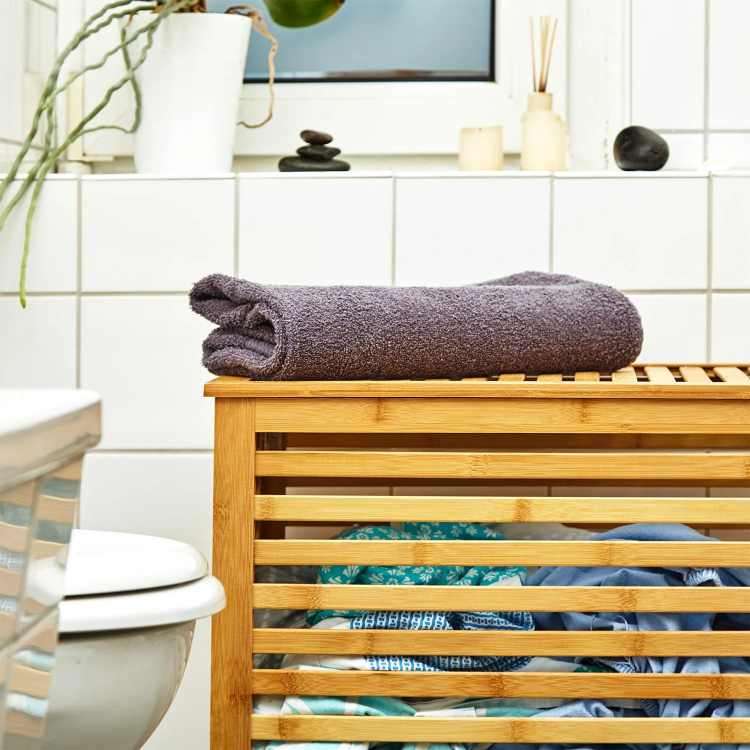 Wäschetruhe Deckel Lüftungsschlitzen Bambus Edelstahl – Bild 5