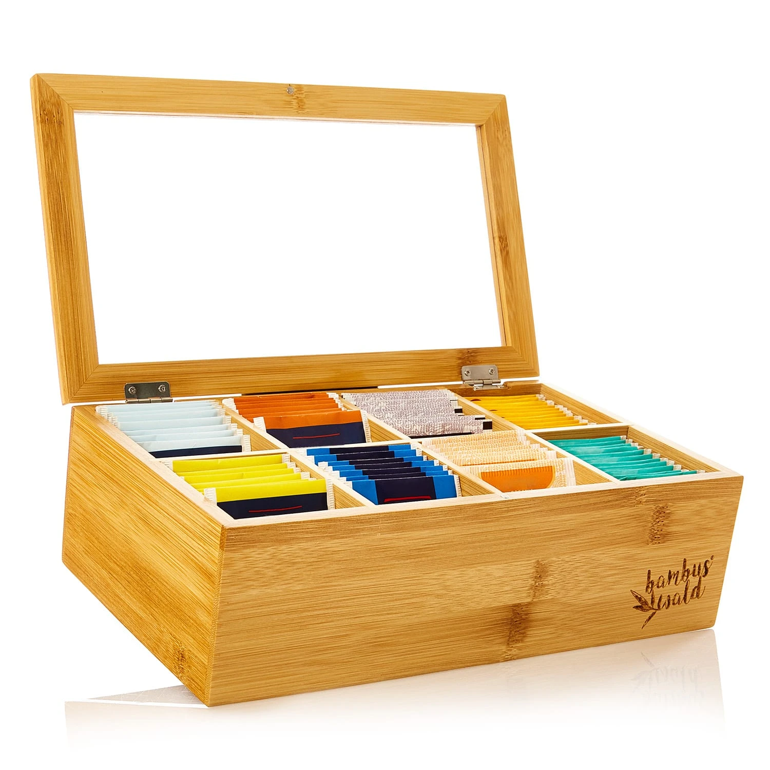 Teebox 8 Fächer 120 Teebeutel Kunststoff-Sichtfenster Bambus