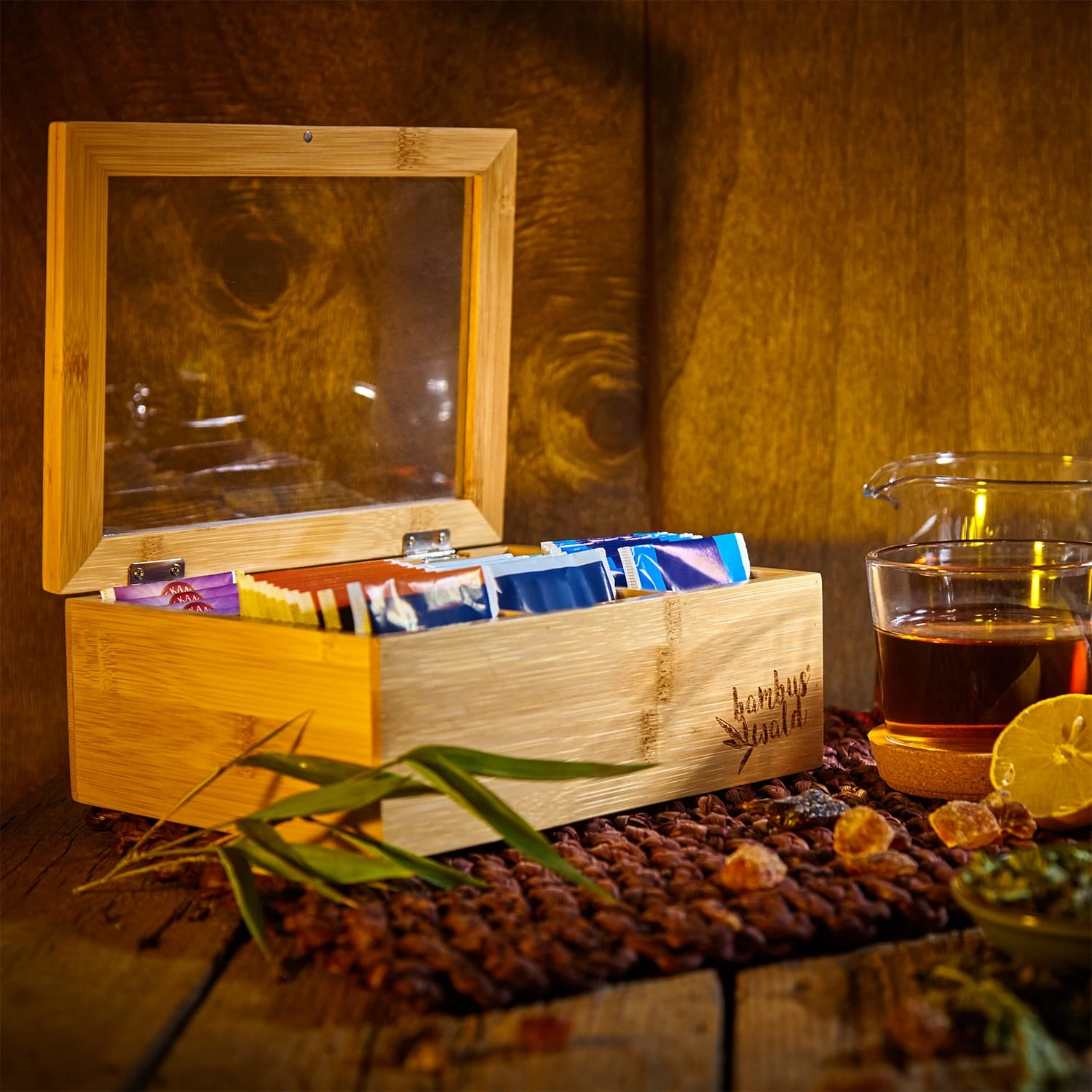 Teebox 8 Fächer 120 Teebeutel Kunststoff-Sichtfenster Bambus – Bild 3