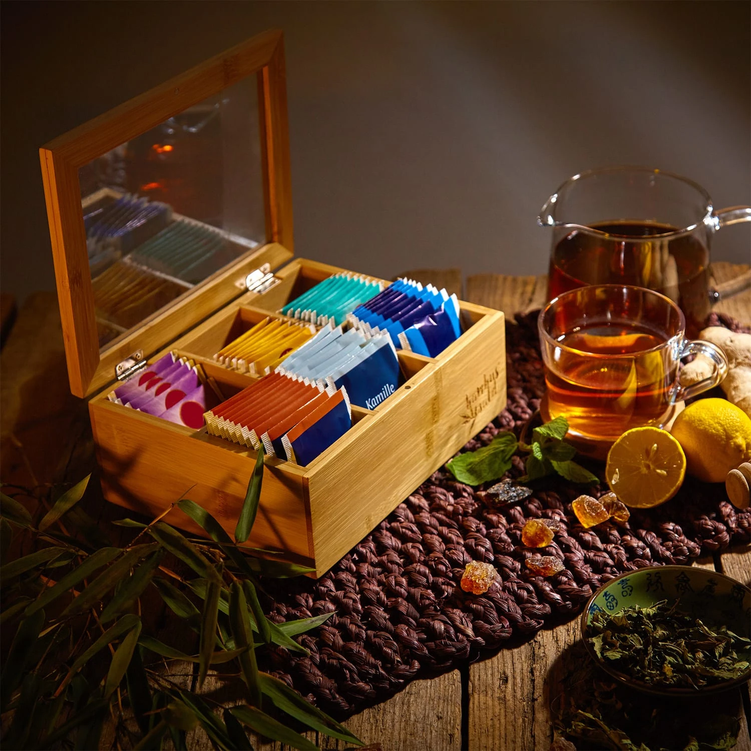 Teebox 6 Fächer 90 Teebeutel Kunststoff-Sichtfenster Bambus – Bild 3