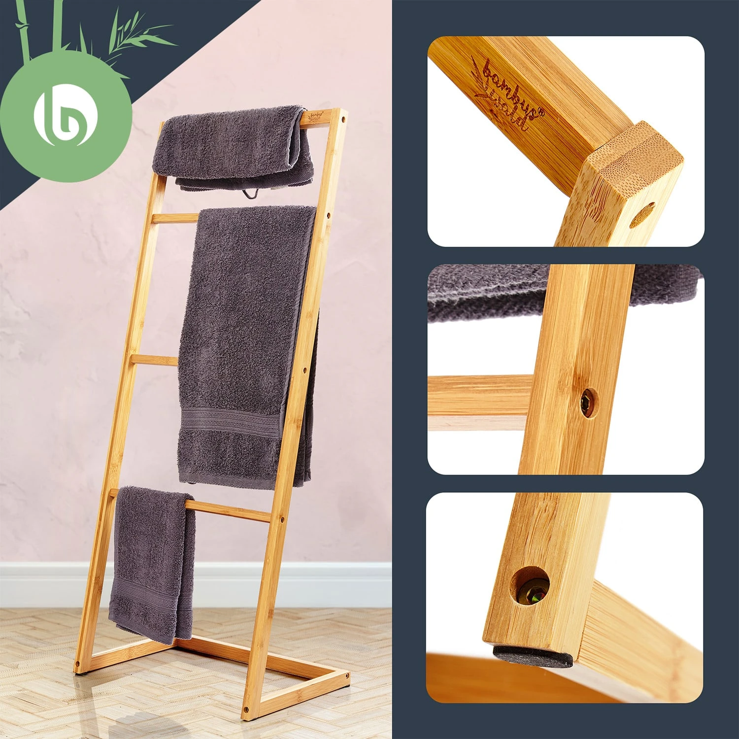 Handtuchhalter 4-fache Handtuchstange 40x98x28 Cm Leiteroptik Bambus – Bild 2