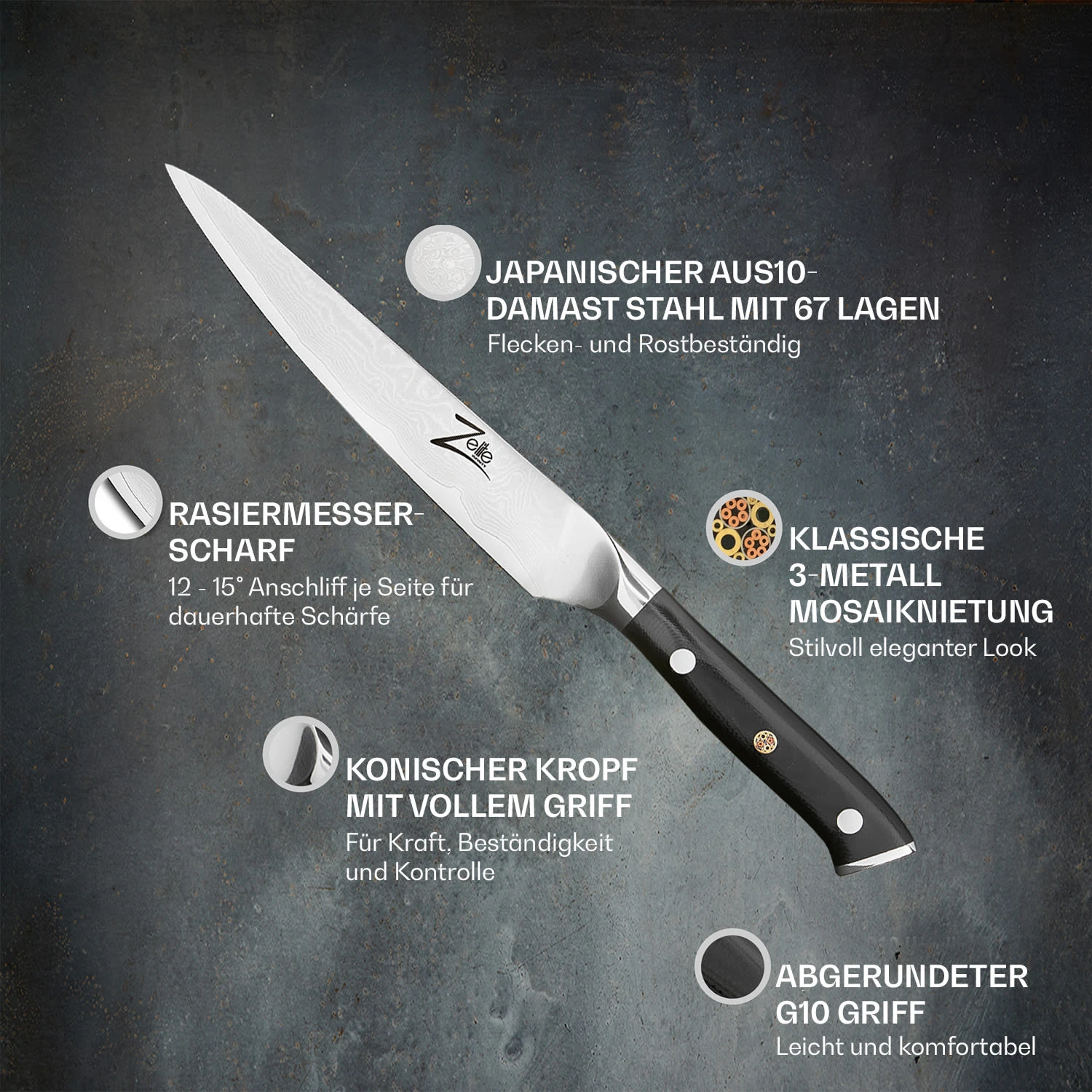 Alpha-Royal Japanese Serie 6" Allzweckmesser Damaszener-Stahl 67-lagig – Bild 2