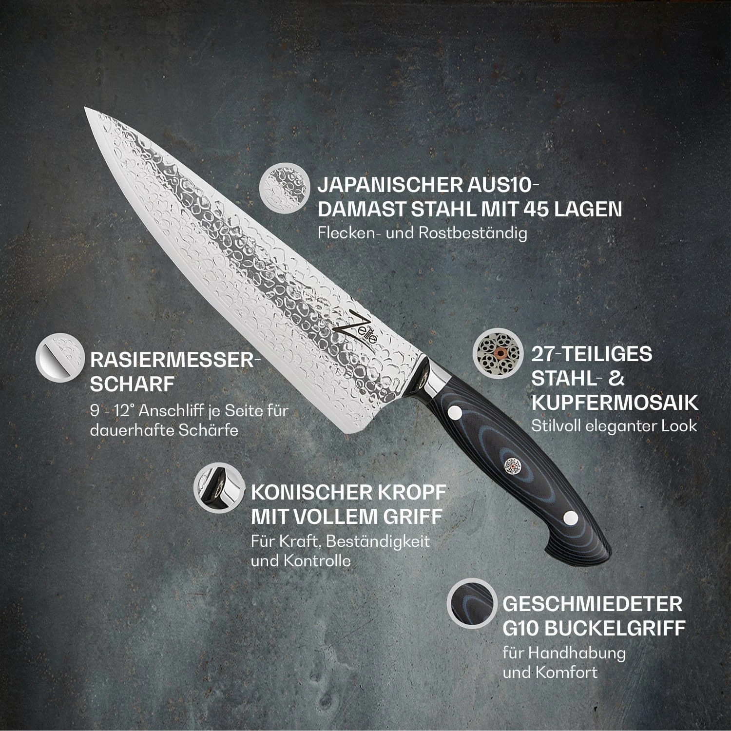 Executive-Plus Serie 8" Chefkoch Kochmesser 61 HRC Damaszenerstahl – Bild 2