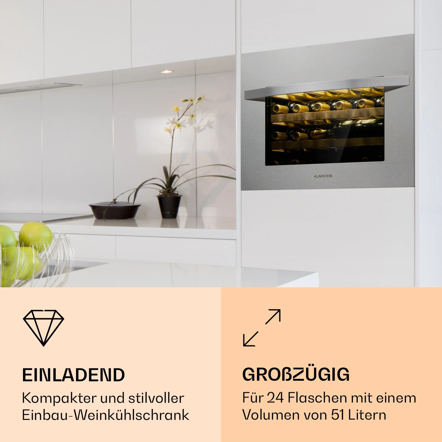 Vinsider 24 Built-In Uno Weinkühlschrank Einbaugerät 1 Zone 24 Flaschen Edelstahl – Bild 2