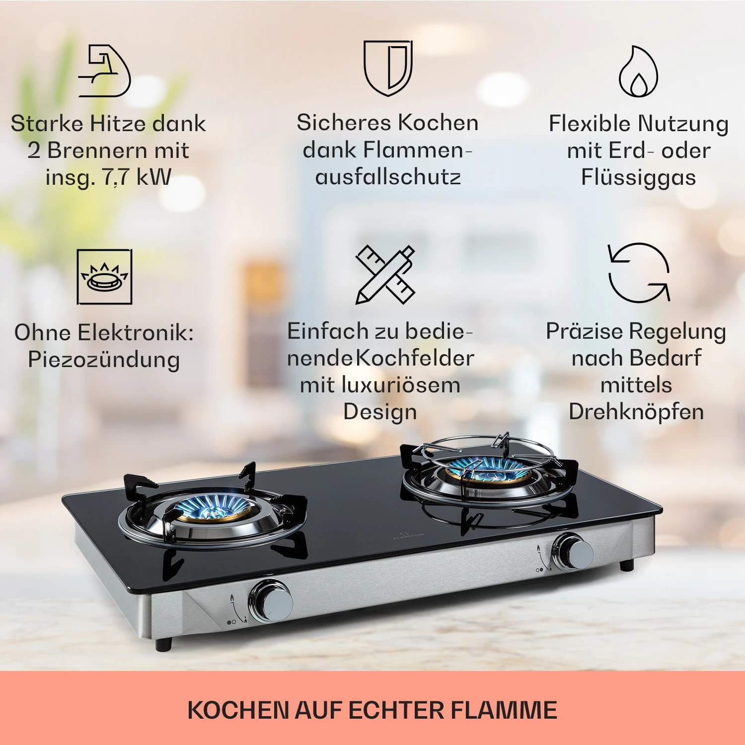 Barzona 2 Campingkocher 2 Brenner 3,4 & 4,3 KW Glasplatte Edelstahl – Bild 2