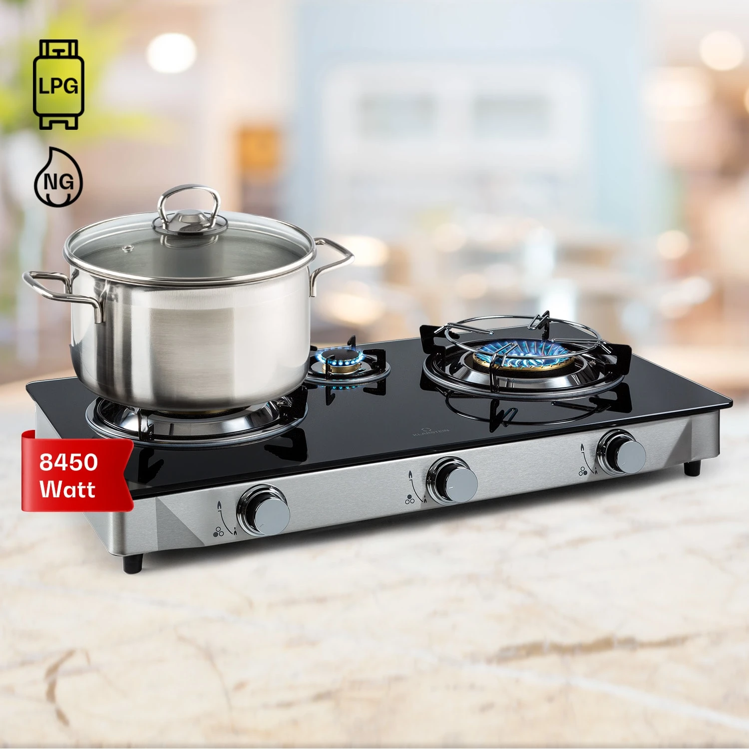 Barzona 3 Campingkocher 3 Brenner 3,4 KW & 0,75 KW & 4,3 KW Glasplatte & Edelstahlgehäuse