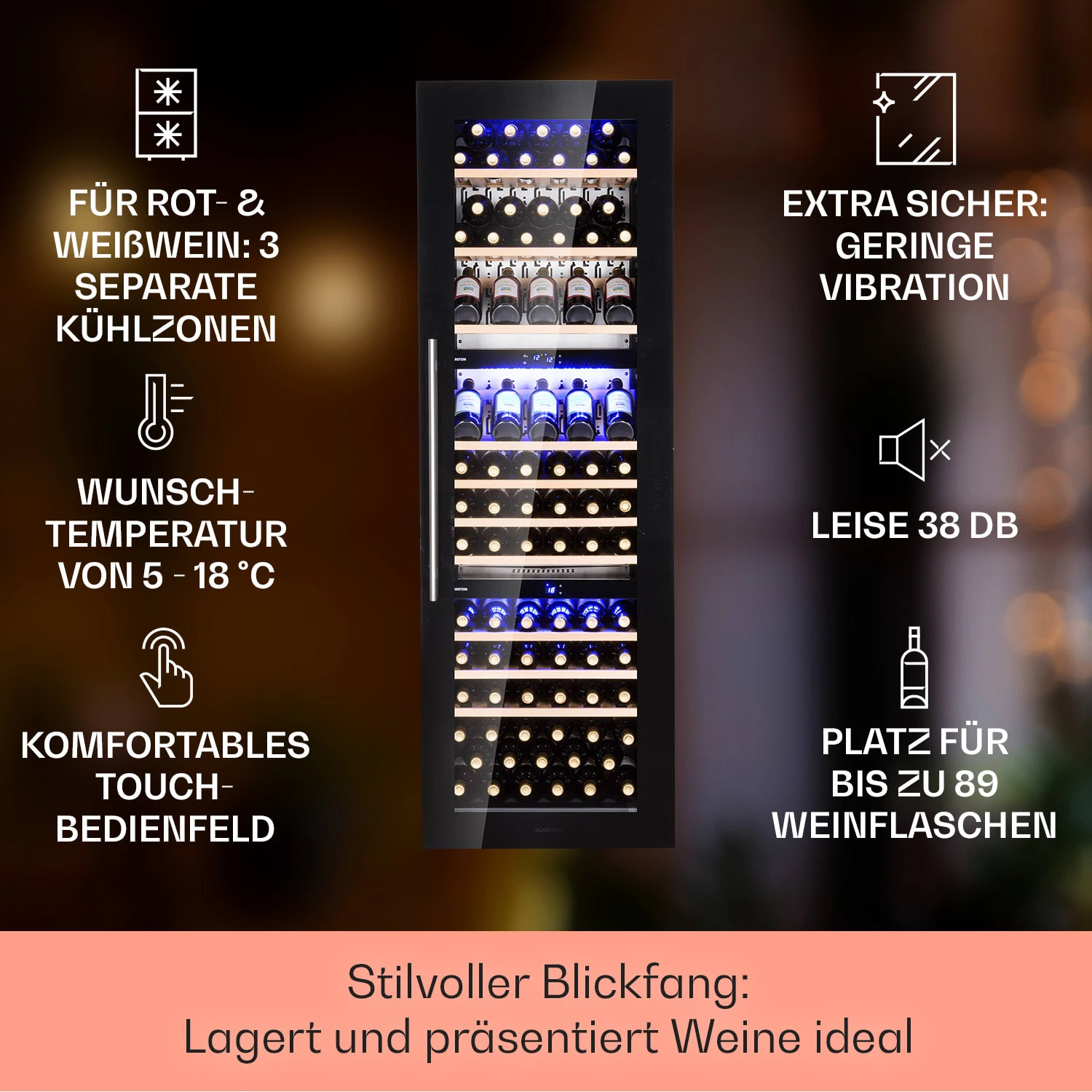 Vinsider 89 Built-In Trio Built-In Weinkühlschrank 5 – 18 °C Touch-Bedienfeld Holzregale – Bild 2