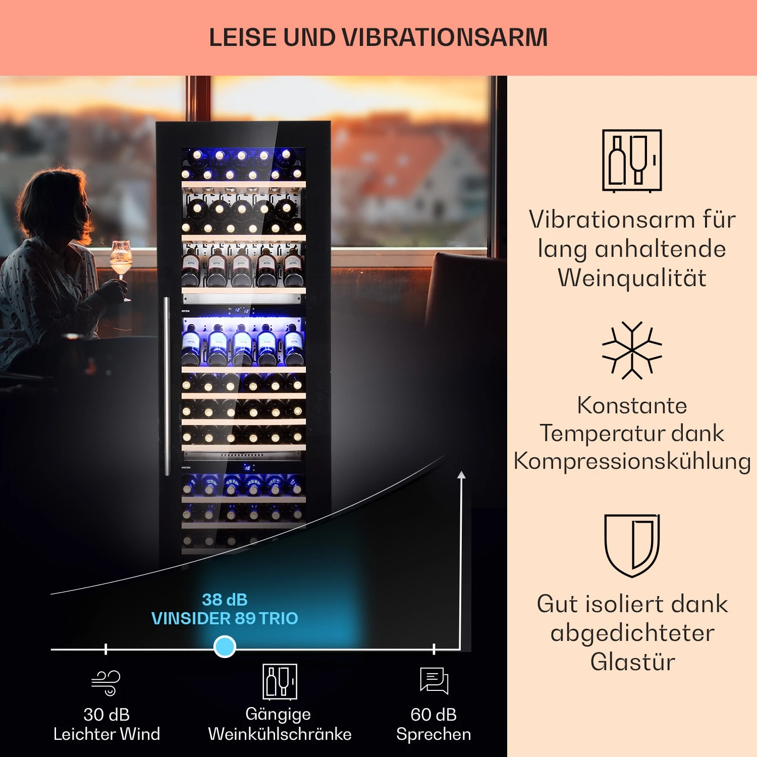 Vinsider 89 Built-In Trio Built-In Weinkühlschrank 5 – 18 °C Touch-Bedienfeld Holzregale – Bild 4