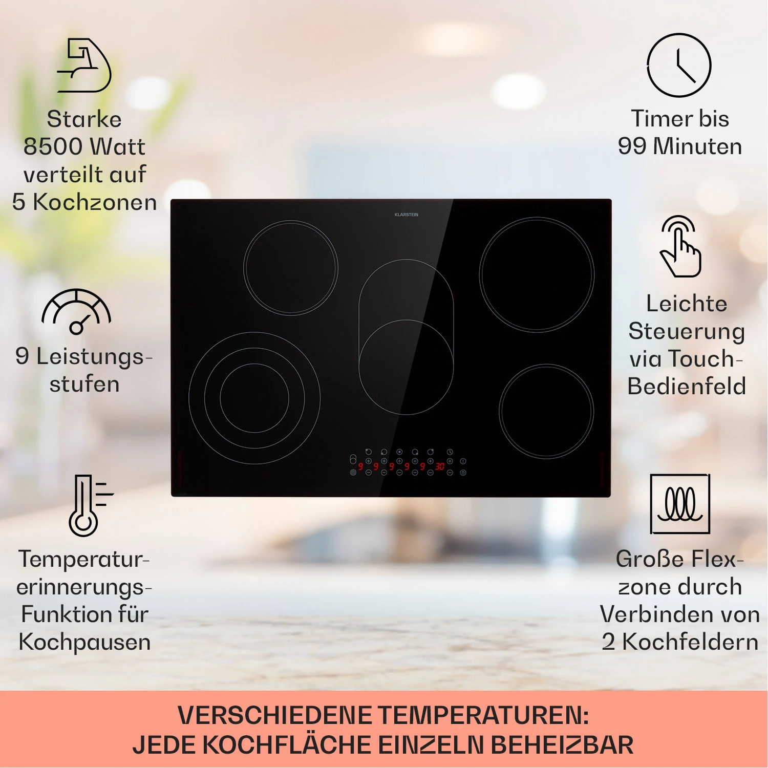 Virtuosa 5 Einbaukochfeld 5 Zonen 8500W Glaskeramik – Bild 2
