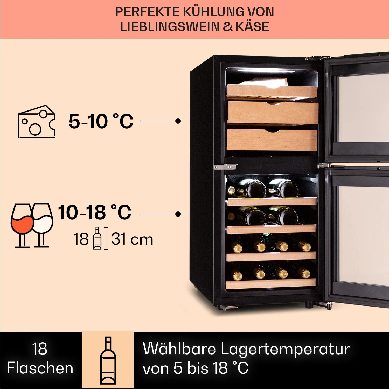 El Dorado 89 Käse & Weinkühlschrank 2 Zonen Touch 89L LED – Bild 4