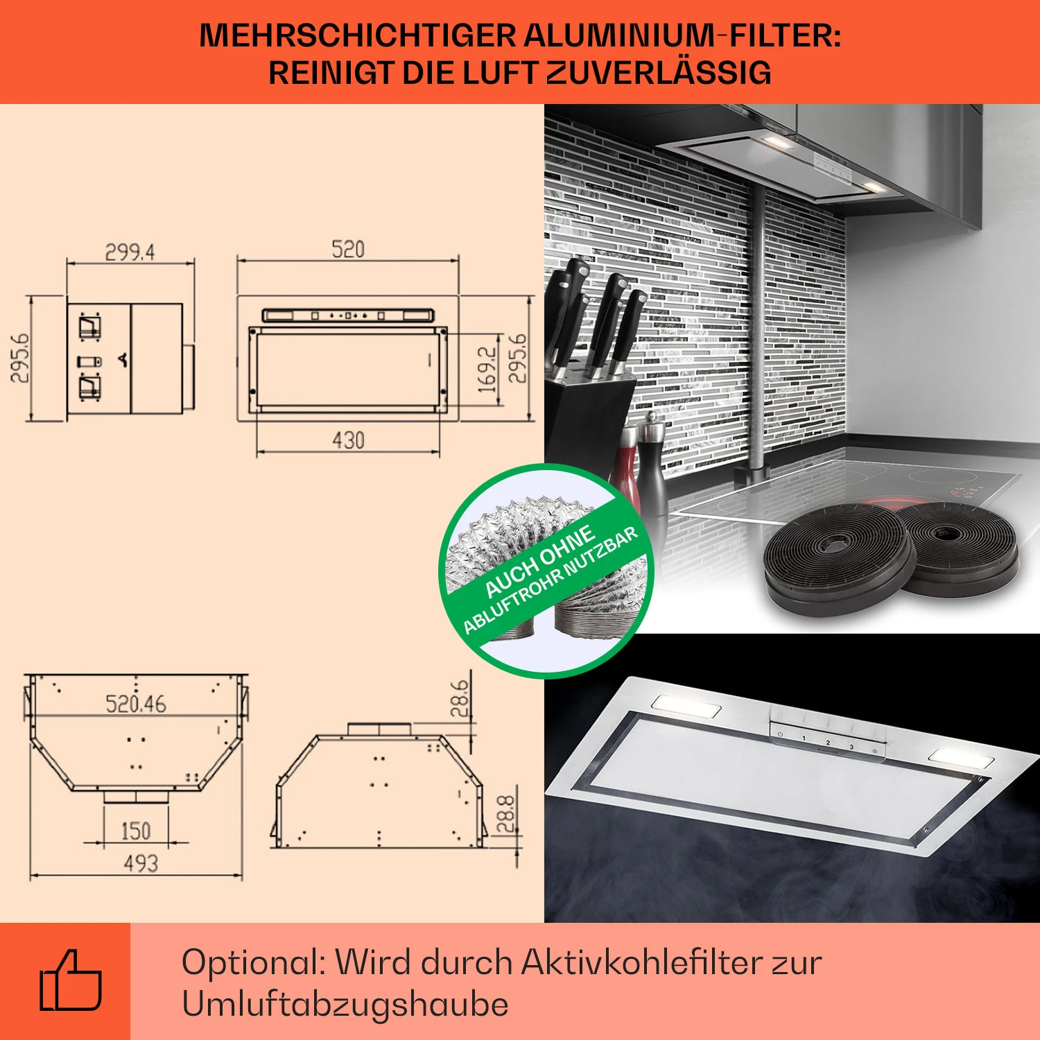 Camila Dunstabzugshaube Einbau 52 Cm 397 M³/h LED Touch Edelstahl – Bild 5